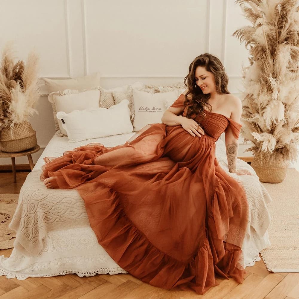 Maternity Photography Props Tulle Off Shoulder Dress High Slit Pregnancy Photoshoot Gown Infant Baby Shower Party Maxi Skirt