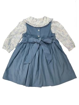 Girls Handmade Smocking 2Pcs Dress Set Blue Corduroy Vest Dress with White Long Sleeve Lapel Rabbit Print Shirt Outfit Clothing