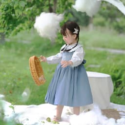 Girls Handmade Smocking 2Pcs Dress Set Blue Corduroy Vest Dress with White Long Sleeve Lapel Rabbit Print Shirt Outfit Clothing