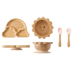 Baby Bamboo Wooden With Silicone Suction Tableware Children Cartoon Dinosaur Feeding Bowl Spoon Fork Set Kid Feeding Accessories