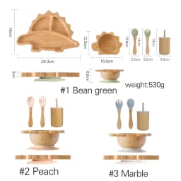 Baby Bamboo Wooden With Silicone Suction Tableware Children Cartoon Dinosaur Feeding Bowl Spoon Fork Set Kid Feeding Accessories