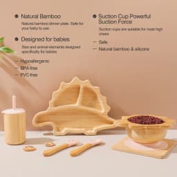 Baby Bamboo Wooden With Silicone Suction Tableware Children Cartoon Dinosaur Feeding Bowl Spoon Fork Set Kid Feeding Accessories