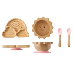Baby Bamboo Wooden With Silicone Suction Tableware Children Cartoon Dinosaur Feeding Bowl Spoon Fork Set Kid Feeding Accessories