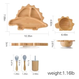 Baby Bamboo Wooden With Silicone Suction Tableware Children Cartoon Dinosaur Feeding Bowl Spoon Fork Set Kid Feeding Accessories
