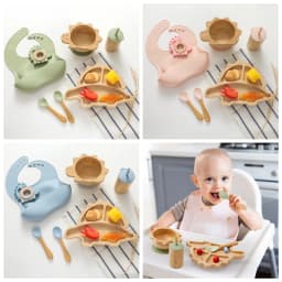 Baby Bamboo Wooden With Silicone Suction Tableware Children Cartoon Dinosaur Feeding Bowl Spoon Fork Set Kid Feeding Accessories