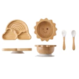 Baby Bamboo Wooden With Silicone Suction Tableware Children Cartoon Dinosaur Feeding Bowl Spoon Fork Set Kid Feeding Accessories