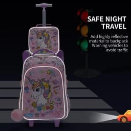 3PCS Set Rolling Backpack For Girls Kids Wheeled School BookBag With Lunch And Pen Bag Pink Unicorn Cute Sequin Glow-in-the-dark