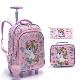3PCS Set Rolling Backpack For Girls Kids Wheeled School BookBag With Lunch And Pen Bag Pink Unicorn Cute Sequin Glow-in-the-dark