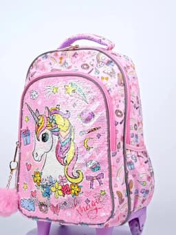 3PCS Set Rolling Backpack For Girls Kids Wheeled School BookBag With Lunch And Pen Bag Pink Unicorn Cute Sequin Glow-in-the-dark