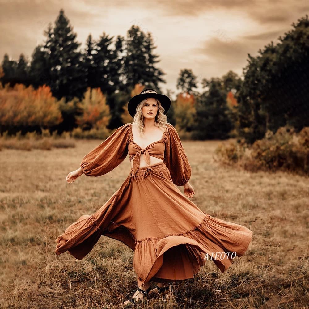 Boho Maternity Photoshoot Dress 2 Piece Set Floor-Length Maxi Dress With High Slit, Outdoor Comfort-Fit Pregnancy Friendly Dress