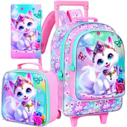 3Pcs Rolling Backpack for Girls, Kids Roller School Backpack with Wheels, Fox Wheeled Bookbag for Elementary Preschool Kindergar