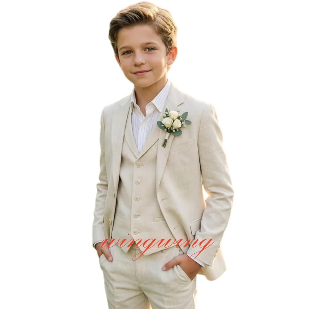 Boys Linen Suits 3 Pieces Blazer Vest and Pants Set Slim Fit Breathable Lightweight Linen Fabric Boys Summer Wedding Tuxedo Suit