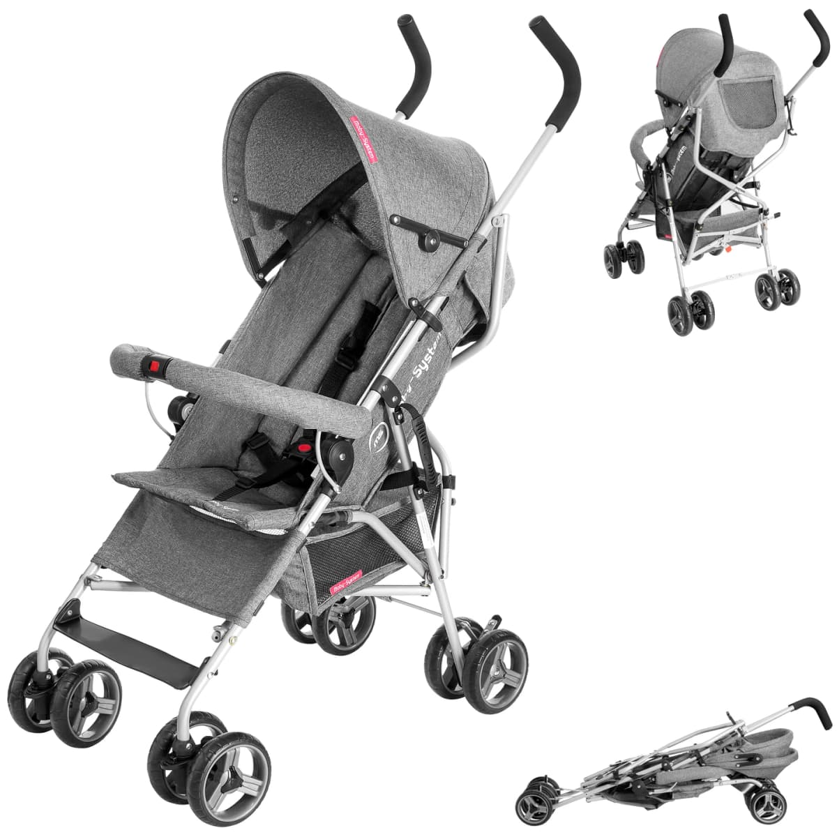 Moby-System Stroller Barton Light Umbrella Grey Collapsible Walkway with Barrier and Belts for Children up to 15kg