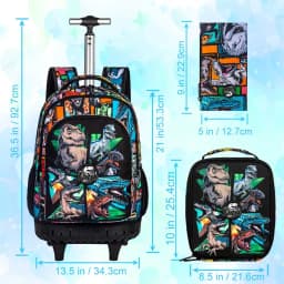 21 Inch Kids Rolling Backpack 3Pcs Set Colorful Dinosaur Print Wheeled Trolley School Bag with Lunch Box Pencil Case for Boys