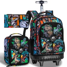 21 Inch Kids Rolling Backpack 3Pcs Set Colorful Dinosaur Print Wheeled Trolley School Bag with Lunch Box Pencil Case for Boys