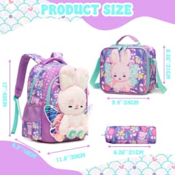 Girls Cute 3D Plush Bunny with Wings 3PCS Backpack Set - Floral Print School Bookbag + Insulated Lunch Bag + Pencil Pouch