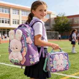 Girls Cute 3D Plush Bunny with Wings 3PCS Backpack Set - Floral Print School Bookbag + Insulated Lunch Bag + Pencil Pouch