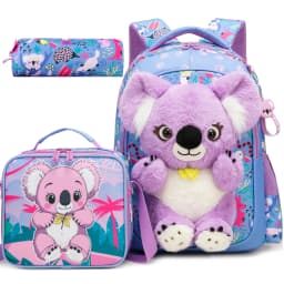 Girls Cute 3D Plush Bunny with Wings 3PCS Backpack Set - Floral Print School Bookbag + Insulated Lunch Bag + Pencil Pouch
