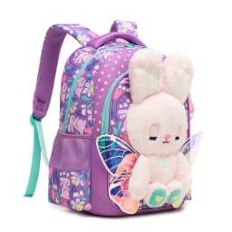 Girls Cute 3D Plush Bunny with Wings 3PCS Backpack Set - Floral Print School Bookbag + Insulated Lunch Bag + Pencil Pouch