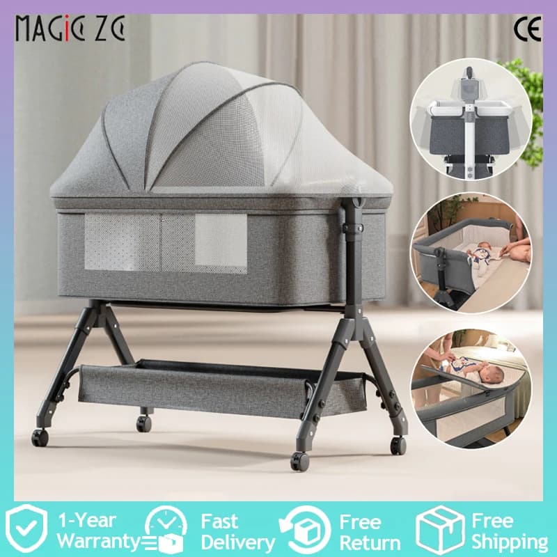 Baby Bassinet Bedside Sleeper Crib with Changing Table Manual Rocking Cradle Foldable Portable Infant Cot Newborn Bed Adjustable Height Side Opening Nursery Bed Storage Basket Lockable Wheels Breathable Mesh Comfortable Sleeping Solution