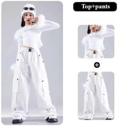 Girls Jazz Dance Performance Suit Kids Hip Hop Stage Wear Kpop Fashion Clothes White Coat Jacket White Pants Steetwear