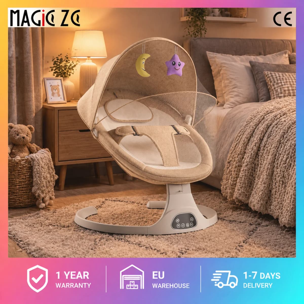 Electric Baby Swing Smart Rocking Chair for Newborns Bluetooth Music Soother Infrared Remote Control Electric Cradle Bed with Mosquito Net Canopy Toys 5-Speed Adjust Timer Function Automatic Infant Rocker Seat