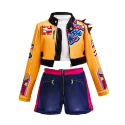 Girls 3Pcs Clothing Fashion Dance Costume Yellow Graffiti Printed Coat+Crop Top+Shorts Set Kid Cosplay Korean Cool Singer Outfit