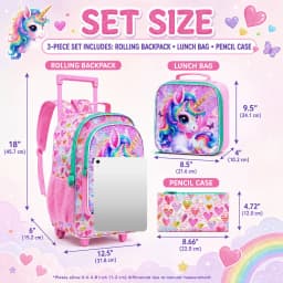 3PCS Girls Rolling School Backpack Set, Wheeled Trolley Backpack with Handbag and Pen Pouch for Elementary Students