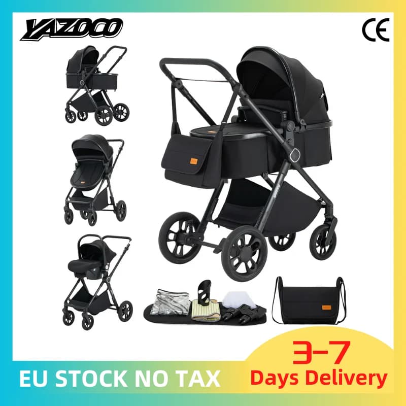 3 in 1 High View Baby Stroller Matching Infant Car Seat, Ultra Light Aviation Aluminum Frame Breathable Mesh Summer Baby Pushchair, One-Click Quick Fold Baby Pram, Compact Portable Newborn Travel Carriage