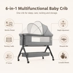 Baby Crib for Newborn 0-12 Months Multifunctional Bedside Bassinet Infant Cot with Foam Mattress Mosquito Net Storage Basket Changing Table 3 Height Adjustment Side Opening 4 Lockable Swivel Wheels Manual Rocking Iron Frame
