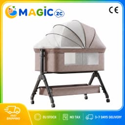 Baby Crib for Newborn 0-12 Months Multifunctional Bedside Bassinet Infant Cot with Foam Mattress Mosquito Net Storage Basket Changing Table 3 Height Adjustment Side Opening 4 Lockable Swivel Wheels Manual Rocking Iron Frame