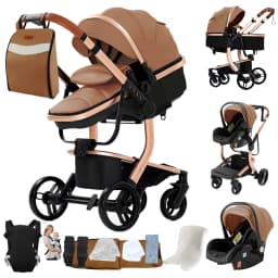 3-in-1 Baby Stroller with Leather Bassinet Car Seat Shock Absorbing Waterproof Windproof Design for All Seasons Travel Infant