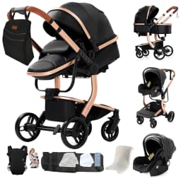 3-in-1 Baby Stroller with Leather Bassinet Car Seat Shock Absorbing Waterproof Windproof Design for All Seasons Travel Infant