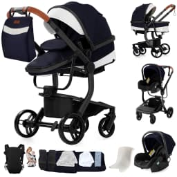 3-in-1 Baby Stroller with Leather Bassinet Car Seat Shock Absorbing Waterproof Windproof Design for All Seasons Travel Infant