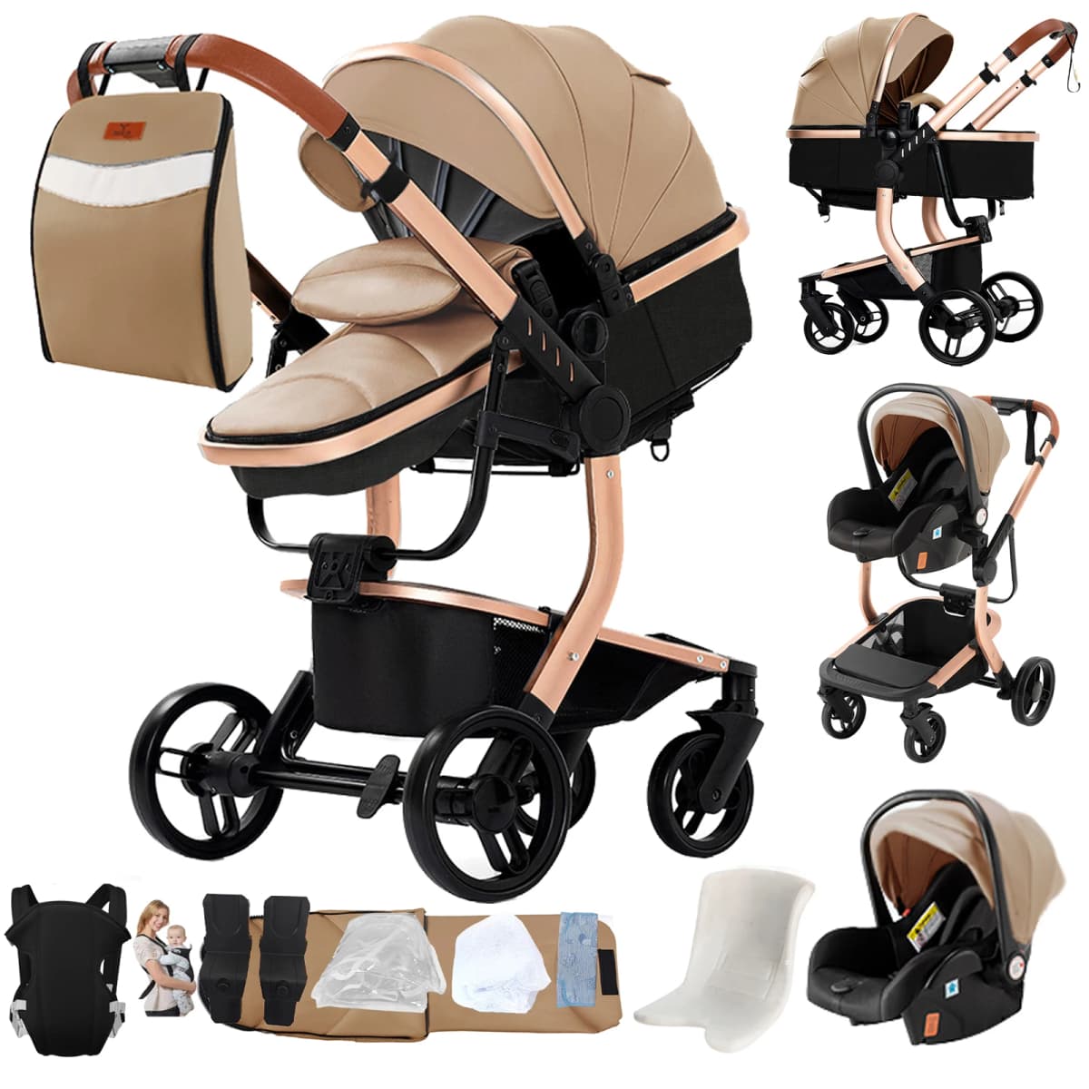3-in-1 Baby Stroller with Leather Bassinet Car Seat Shock Absorbing Waterproof Windproof Design for All Seasons Travel Infant