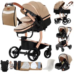 3-in-1 Baby Stroller with Leather Bassinet Car Seat Shock Absorbing Waterproof Windproof Design for All Seasons Travel Infant