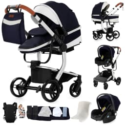 3-in-1 Baby Stroller with Leather Bassinet Car Seat Shock Absorbing Waterproof Windproof Design for All Seasons Travel Infant