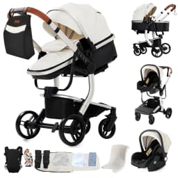 3-in-1 Baby Stroller with Leather Bassinet Car Seat Shock Absorbing Waterproof Windproof Design for All Seasons Travel Infant