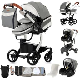 3-in-1 Baby Stroller with Leather Bassinet Car Seat Shock Absorbing Waterproof Windproof Design for All Seasons Travel Infant
