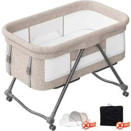 Foldable 4-in-1 Convertible Baby Travel Cot, Rocking Bedside Crib with Quiet Rolling Wheels, Perfect Use From Newborn To Toddler