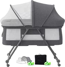 Foldable 4-in-1 Convertible Baby Travel Cot, Rocking Bedside Crib with Quiet Rolling Wheels, Perfect Use From Newborn To Toddler