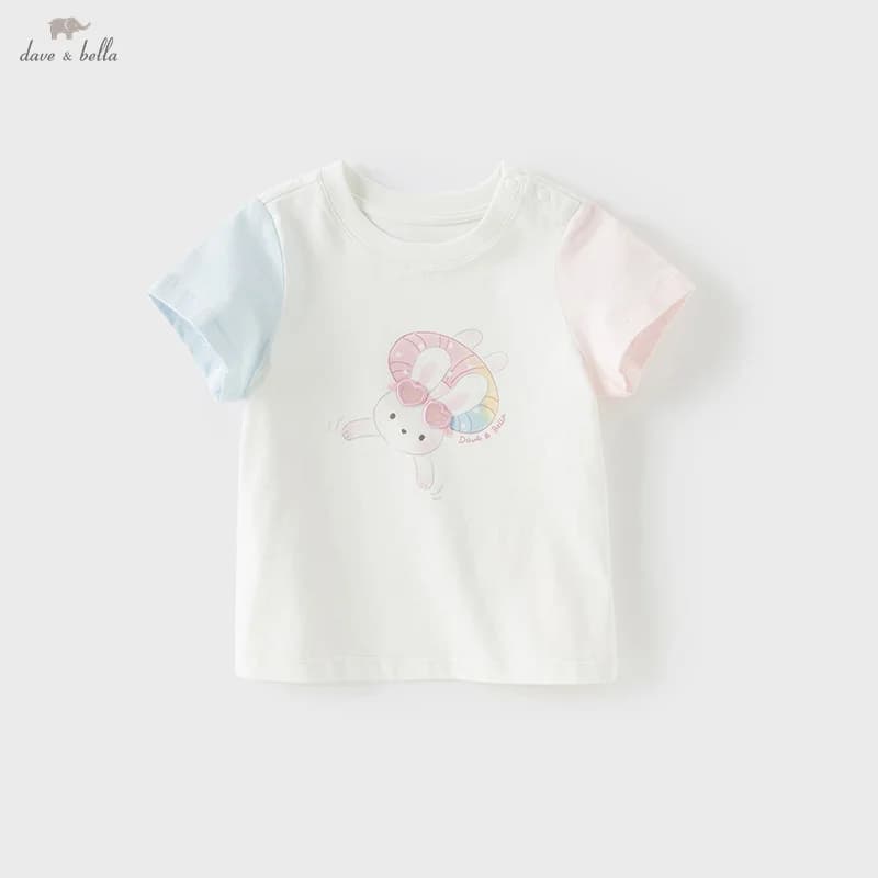 Dave Bella Children's T-shirt Summer Girl's Sweet Rabbit Print Bottoming Shirt Casual Baby Cotton Top Gentle Party DB2251301