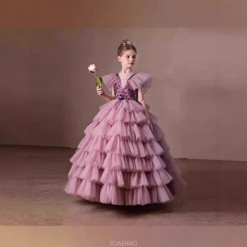 Wed Dress 2025 New Children Girls Princess Pageant Host Outfit Piano Recital Performance Gown Kids Party Birthday Formal Wear