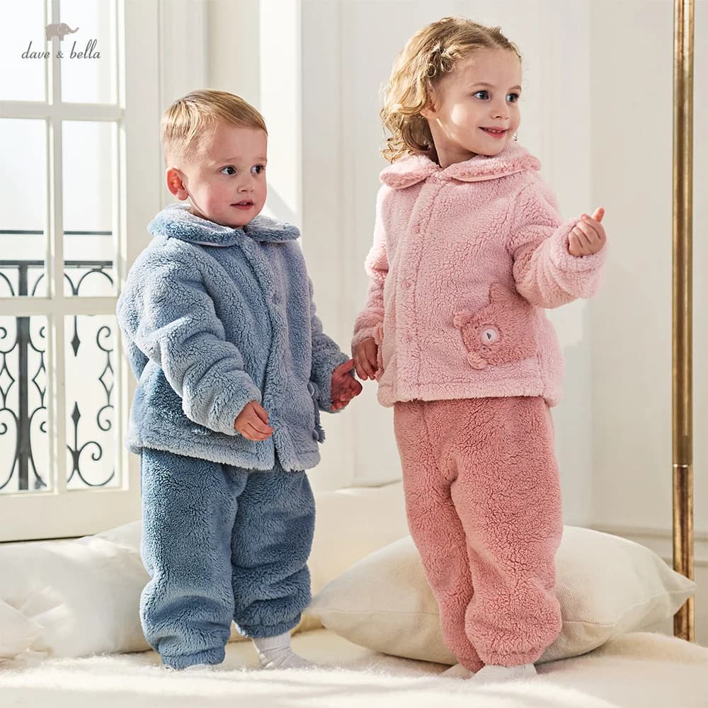 Dave Bella Children's Home Wear Set Autumn Winter Boys Girls Warm Soft Cotton Pajamas Kids' Top Pants Trendy Clothes DB4254910
