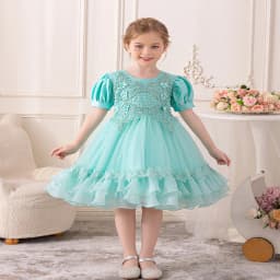 New Bubble Sleeves Bow Sticker Pearl Mesh Fluffy Dress Christmas Halloween School Party Performance Dress for 3-10 Years