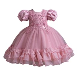 New Bubble Sleeves Bow Sticker Pearl Mesh Fluffy Dress Christmas Halloween School Party Performance Dress for 3-10 Years