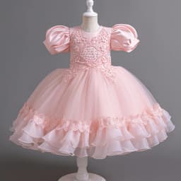 New Bubble Sleeves Bow Sticker Pearl Mesh Fluffy Dress Christmas Halloween School Party Performance Dress for 3-10 Years