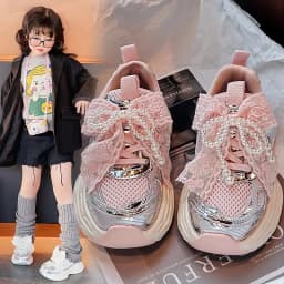 Girls Sports Shoes with Sweet Mesh Bow Kids Running Shoes Breathable 2026 New Fashion Children Sneakers Princess Style Cute