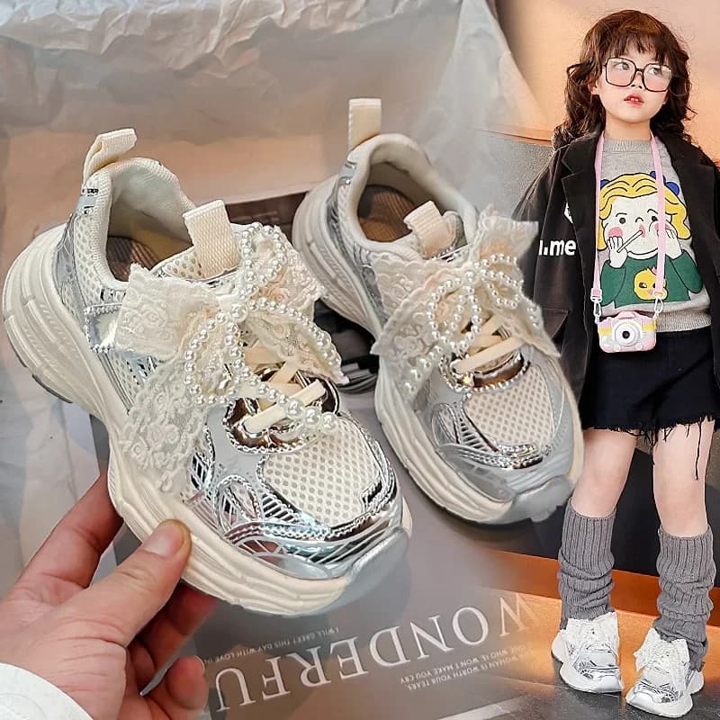Girls Sports Shoes with Sweet Mesh Bow Kids Running Shoes Breathable 2026 New Fashion Children Sneakers Princess Style Cute