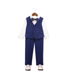 Kids Elegant Blue Suit Set Boys 5Pieces Jacket Vest Pants Bowtie Brooch Formal Wedding Birthday Performance Photograpy Outfit